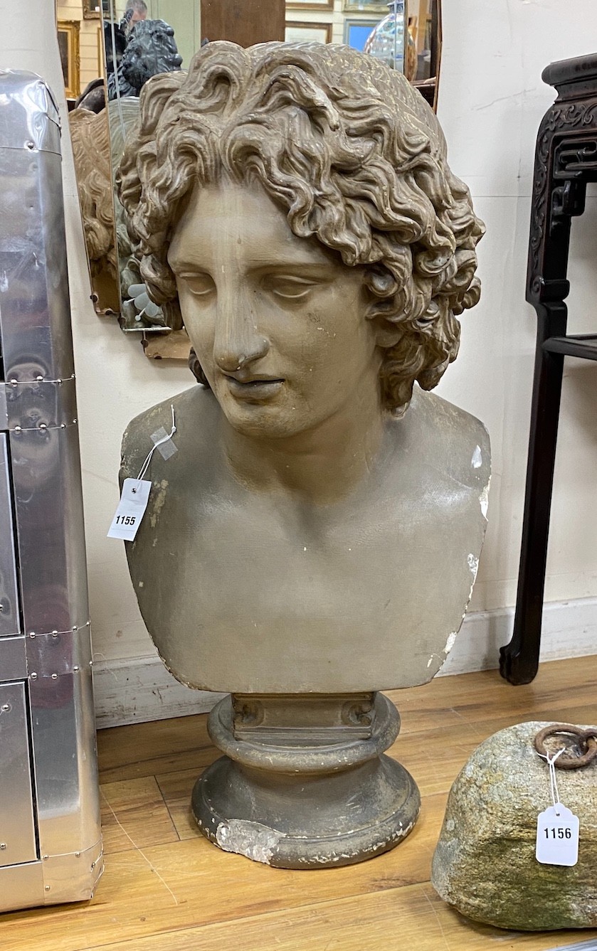 N.B. COLOURED PLASTER. A large 19th century French classical bust, height 83cm, a.f.